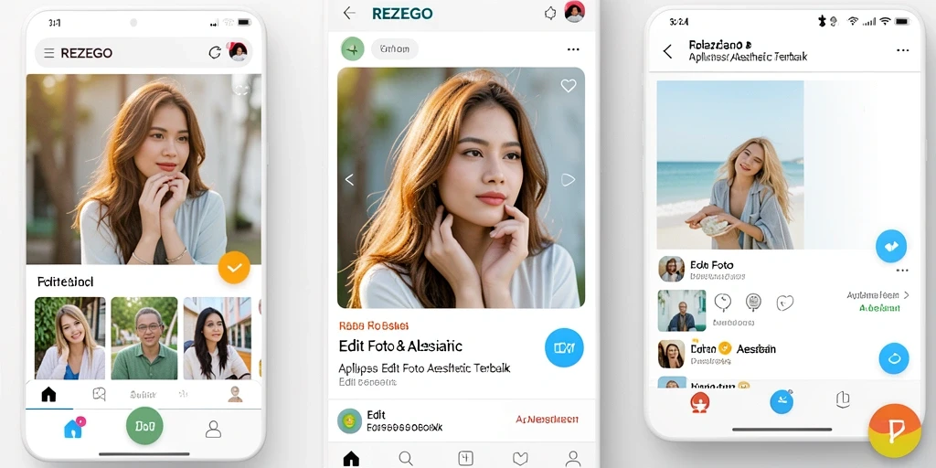 Tampilan antarmuka pengguna REZEGO dengan berbagai fitur edit foto aesthetic.